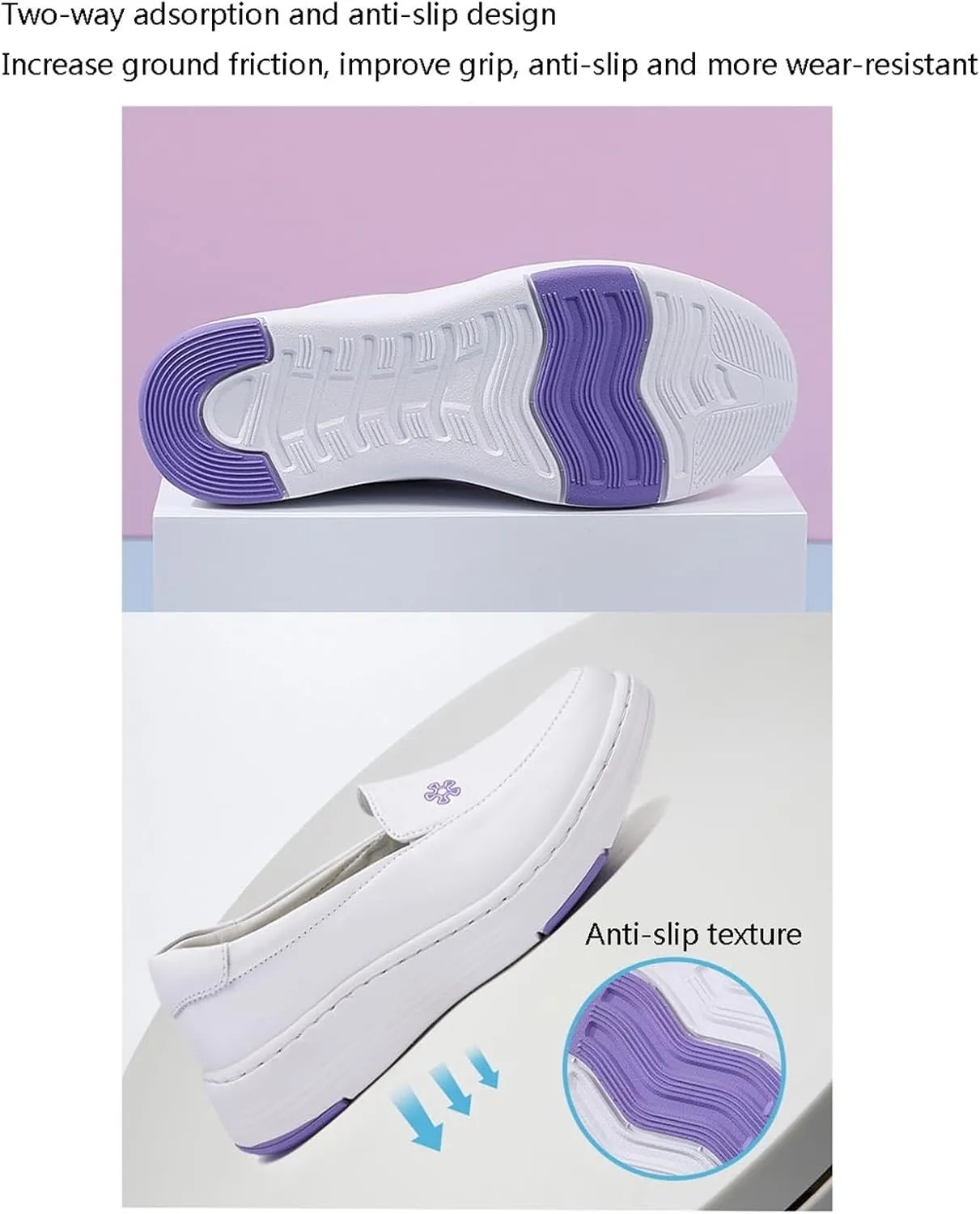 Womens Comfy Non-Slip White Nursing Shoes, Women Summer Breathable Slip-On Leather Nursing Work Shoes, Wedge Platform Orthopedic Nursing Shoes, for Medical Care
