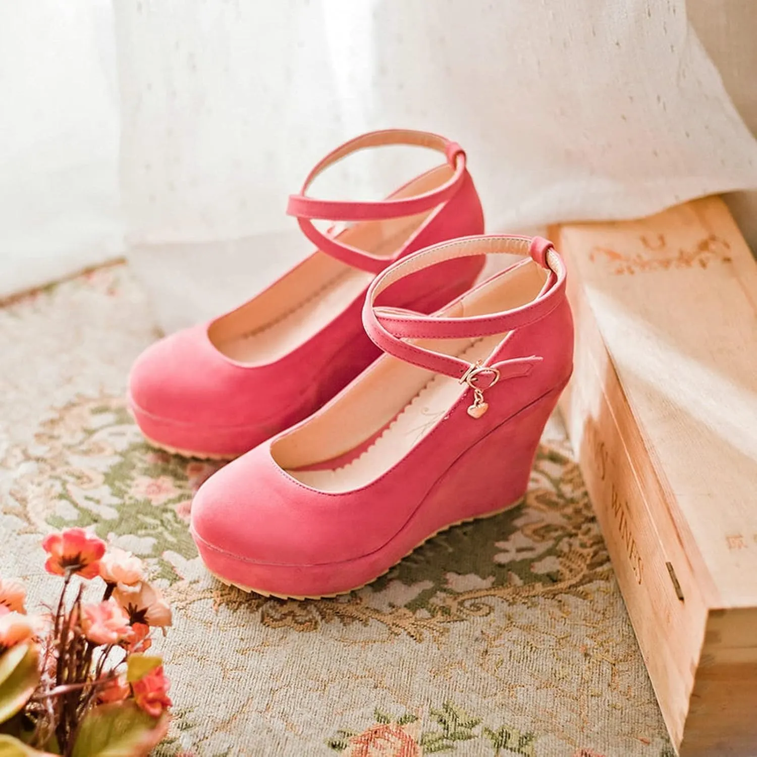 Womens Cross Strap Dress Pumps Slip On Comfortable Casual Round Toe Platform Wedge High Heel Shoes