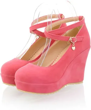 Womens Cross Strap Dress Pumps Slip On Comfortable Casual Round Toe Platform Wedge High Heel Shoes