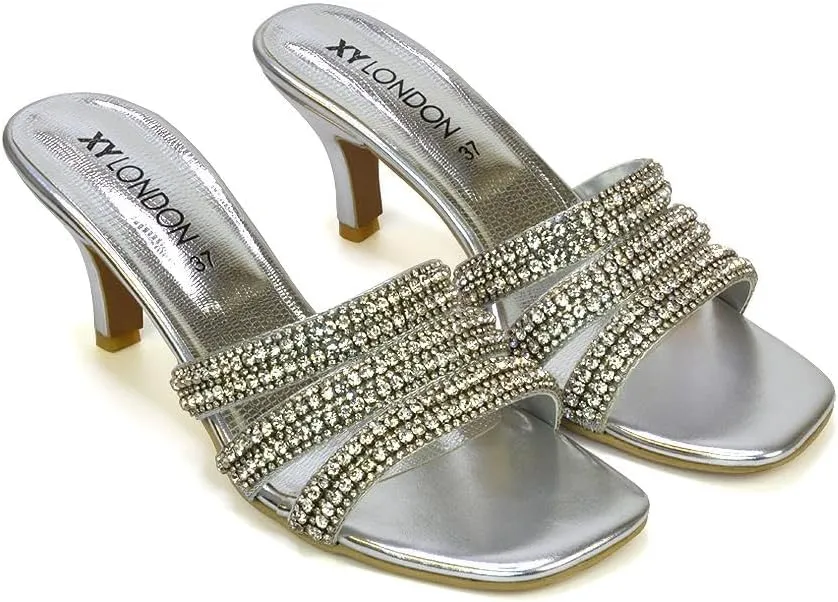 Womens Crystal Embellished Kitten Heel Sandals Ladies Slip On Sparkly Diamante Stiletto Mule Shoes Size 5-10