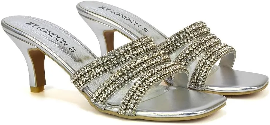 Womens Crystal Embellished Kitten Heel Sandals Ladies Slip On Sparkly Diamante Stiletto Mule Shoes Size 5-10