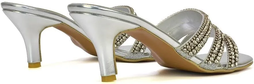 Womens Crystal Embellished Kitten Heel Sandals Ladies Slip On Sparkly Diamante Stiletto Mule Shoes Size 5-10