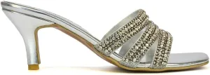 Womens Crystal Embellished Kitten Heel Sandals Ladies Slip On Sparkly Diamante Stiletto Mule Shoes Size 5-10