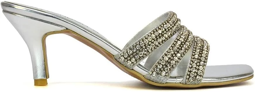 Womens Crystal Embellished Kitten Heel Sandals Ladies Slip On Sparkly Diamante Stiletto Mule Shoes Size 5-10