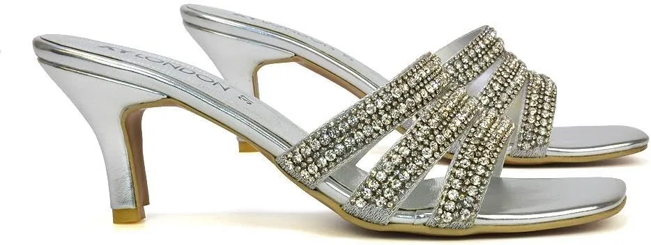 Womens Crystal Embellished Kitten Heel Sandals Ladies Slip On Sparkly Diamante Stiletto Mule Shoes Size 5-10