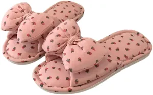 Women's Cute Polka Dot Bow Cotton Linen Indoor Summer Slippers Breathable House Slip-ons