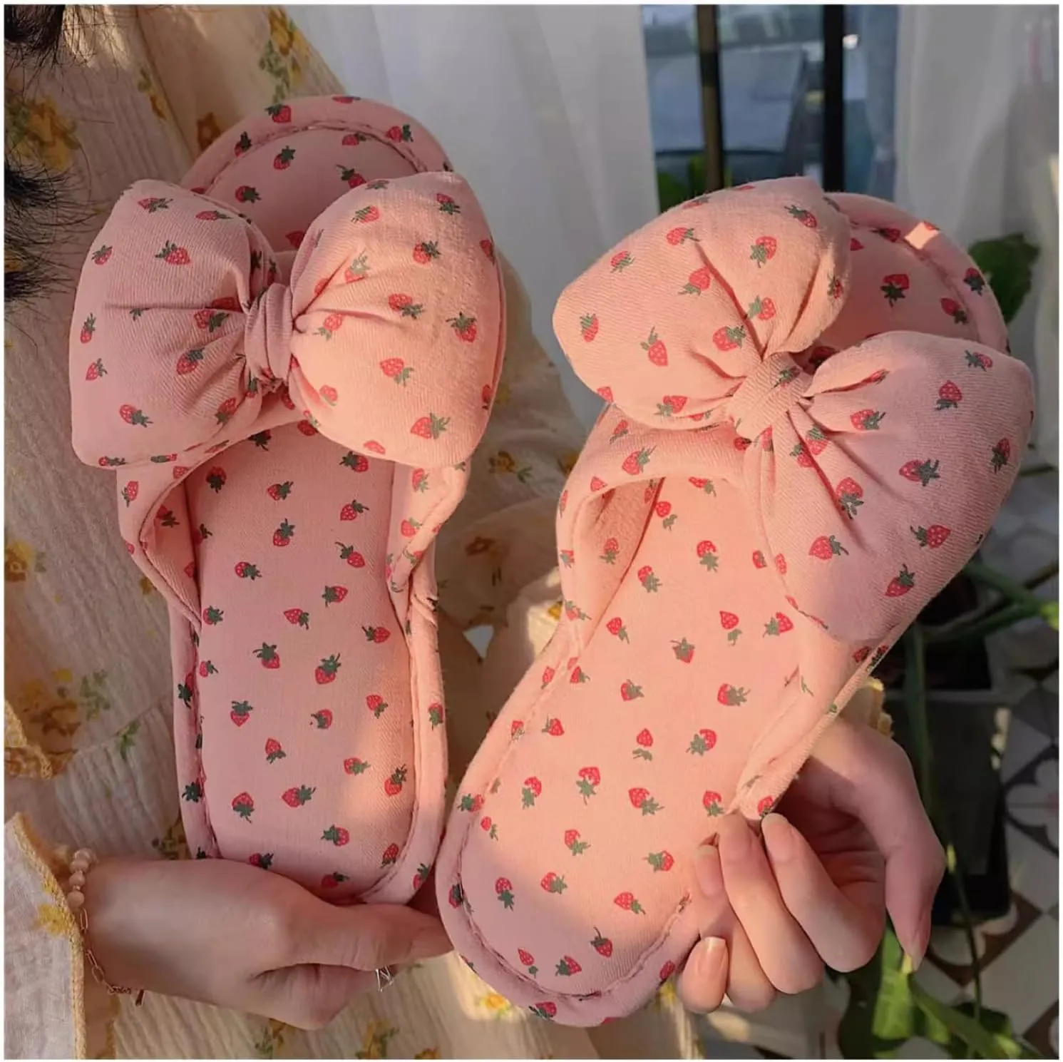 Women's Cute Polka Dot Bow Cotton Linen Indoor Summer Slippers Breathable House Slip-ons
