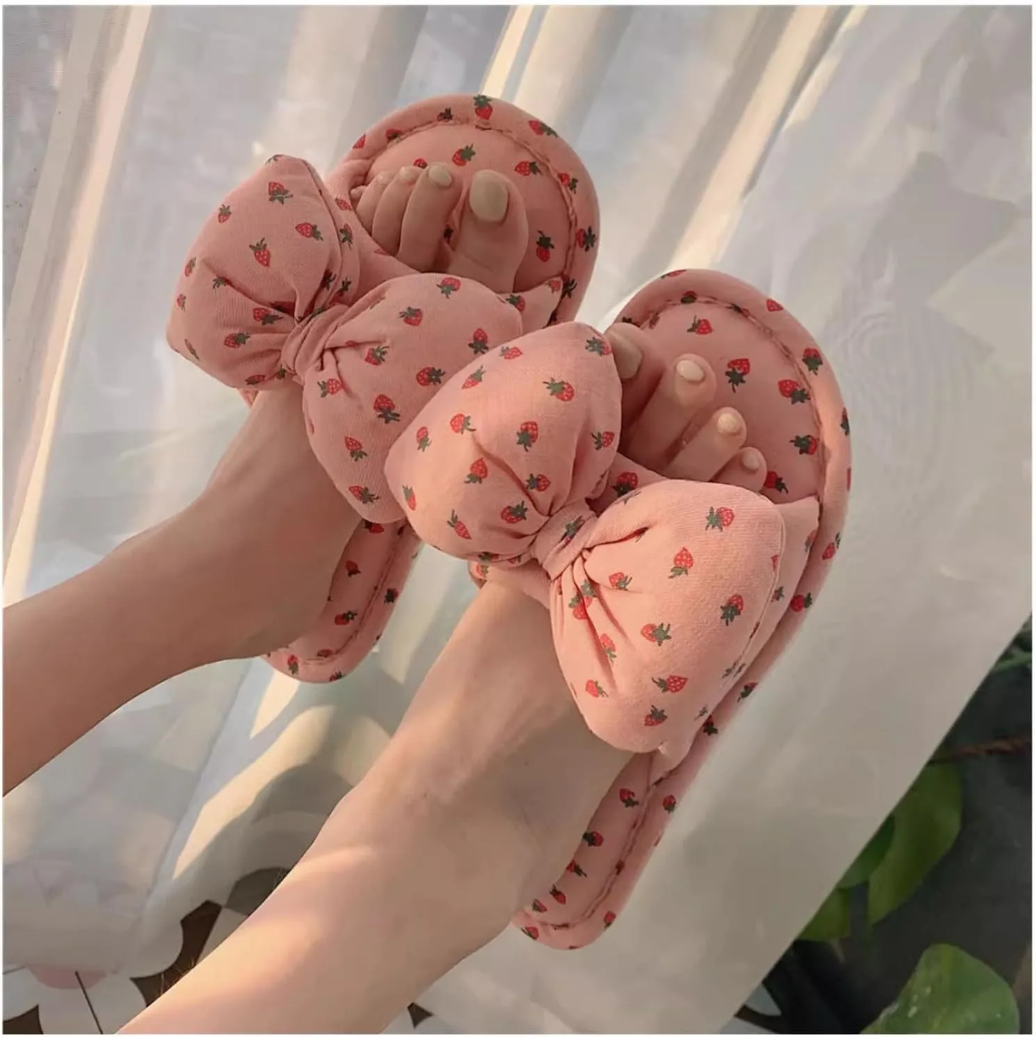 Women's Cute Polka Dot Bow Cotton Linen Indoor Summer Slippers Breathable House Slip-ons