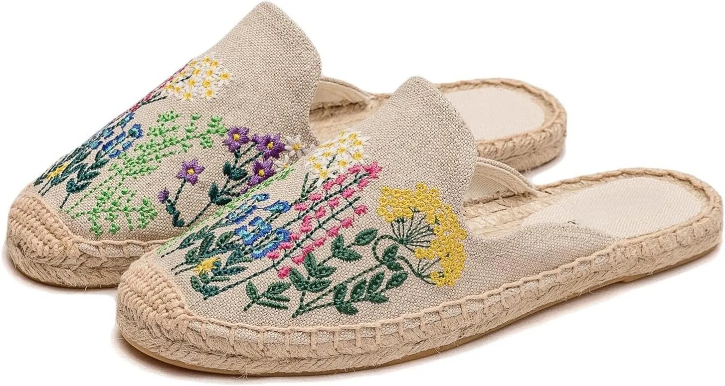 Womens Embroidery Espadrille Mules Flats - Fashion Flats Shoes Comfortable Mule Shoes Breathable Espadrilles Anti-Slip Slipper