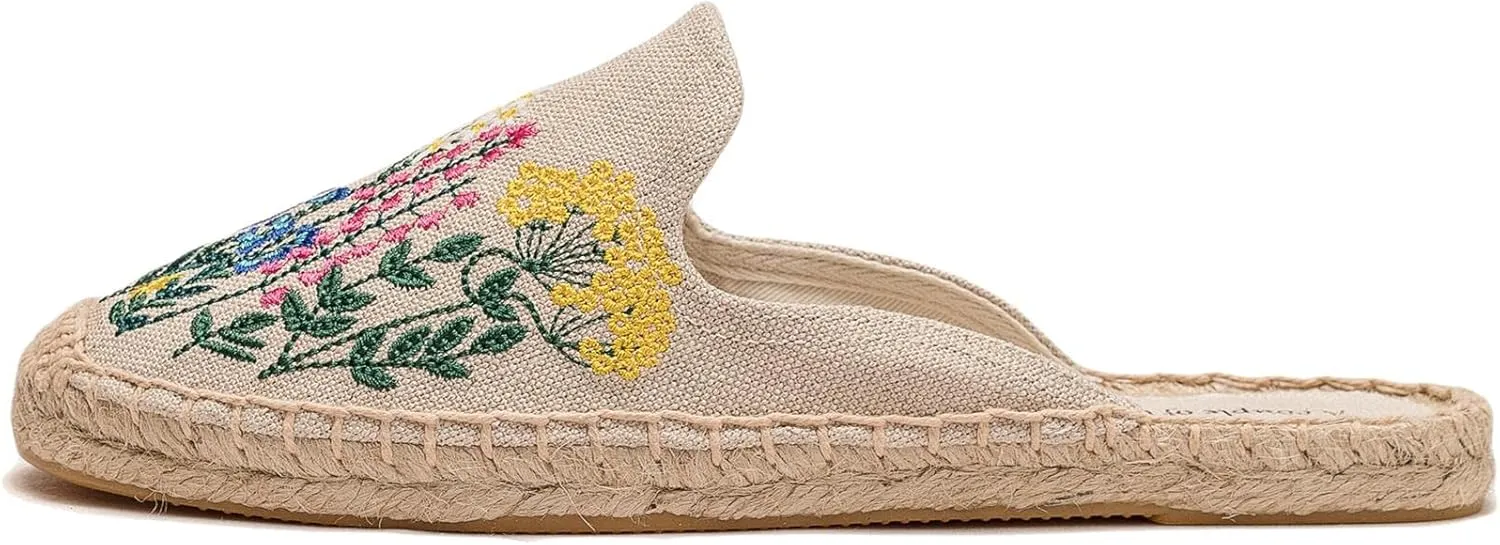 Womens Embroidery Espadrille Mules Flats - Fashion Flats Shoes Comfortable Mule Shoes Breathable Espadrilles Anti-Slip Slipper