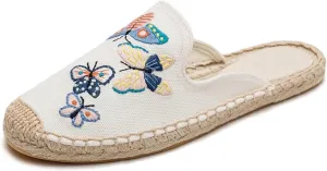 Womens Embroidery Espadrille Mules Flats - Fashion Flats Shoes Comfortable Mule Shoes Breathable Espadrilles Anti-Slip Slipper