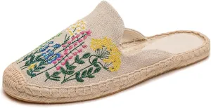 Womens Embroidery Espadrille Mules Flats - Fashion Flats Shoes Comfortable Mule Shoes Breathable Espadrilles Anti-Slip Slipper