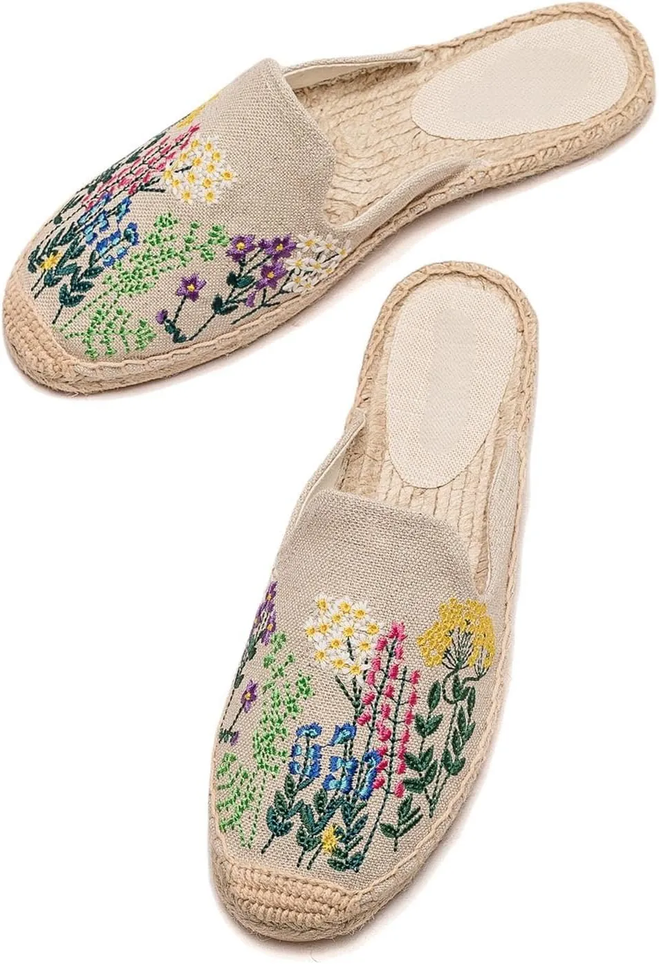 Womens Embroidery Espadrille Mules Flats - Fashion Flats Shoes Comfortable Mule Shoes Breathable Espadrilles Anti-Slip Slipper