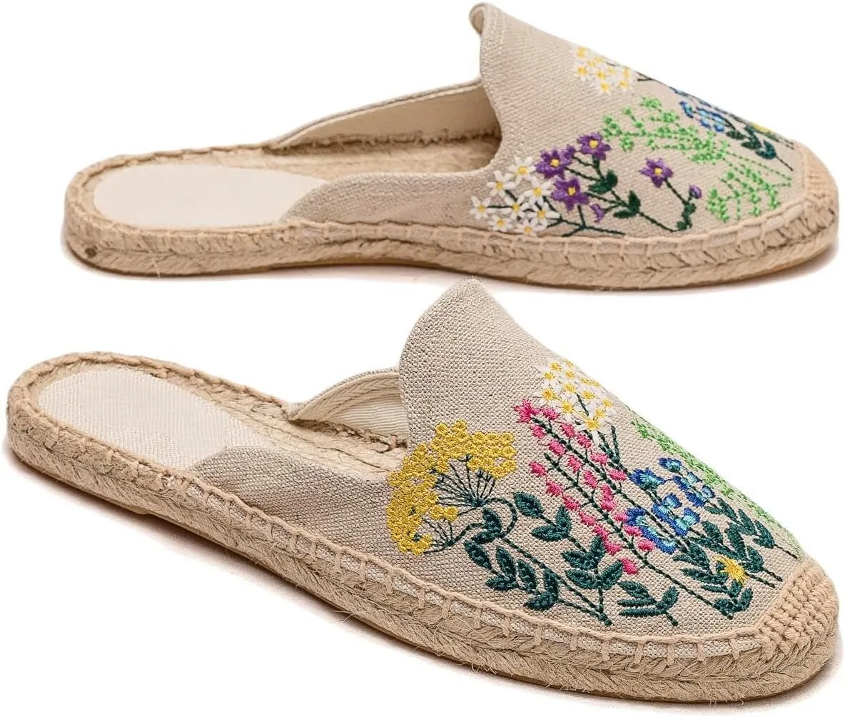 Womens Embroidery Espadrille Mules Flats - Fashion Flats Shoes Comfortable Mule Shoes Breathable Espadrilles Anti-Slip Slipper