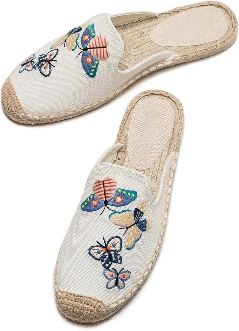 Womens Embroidery Espadrille Mules Flats - Fashion Flats Shoes Comfortable Mule Shoes Breathable Espadrilles Anti-Slip Slipper