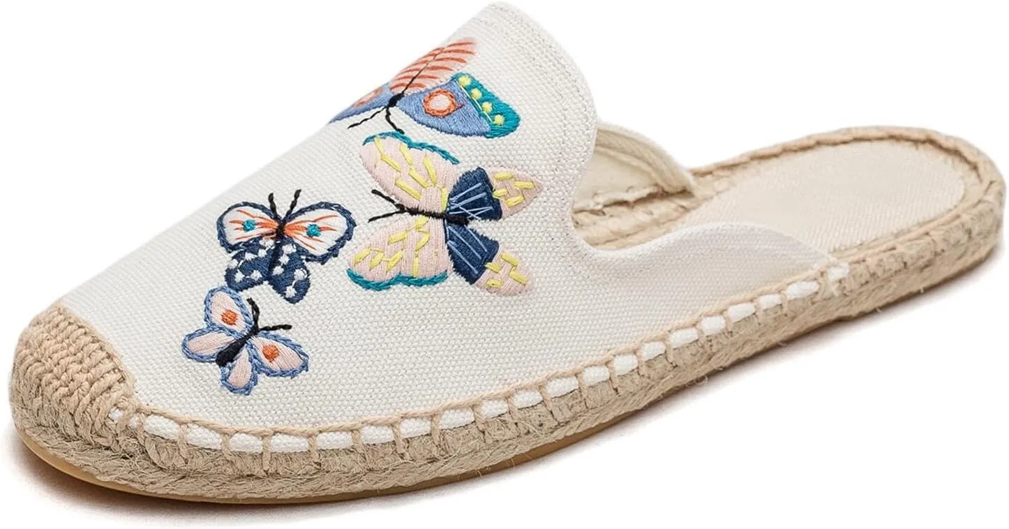 Womens Embroidery Espadrille Mules Flats - Fashion Flats Shoes Comfortable Mule Shoes Breathable Espadrilles Anti-Slip Slipper