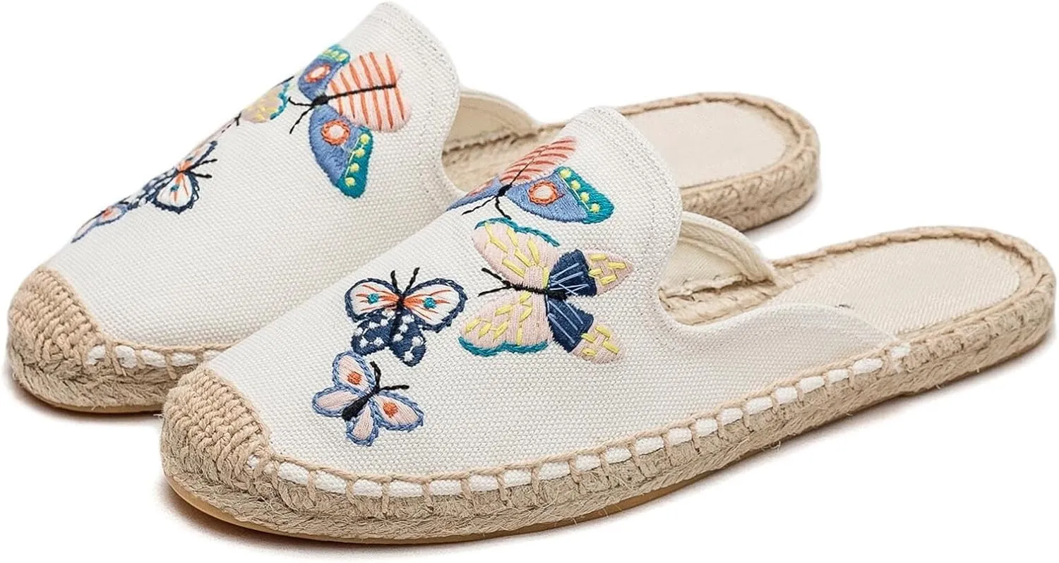 Womens Embroidery Espadrille Mules Flats - Fashion Flats Shoes Comfortable Mule Shoes Breathable Espadrilles Anti-Slip Slipper
