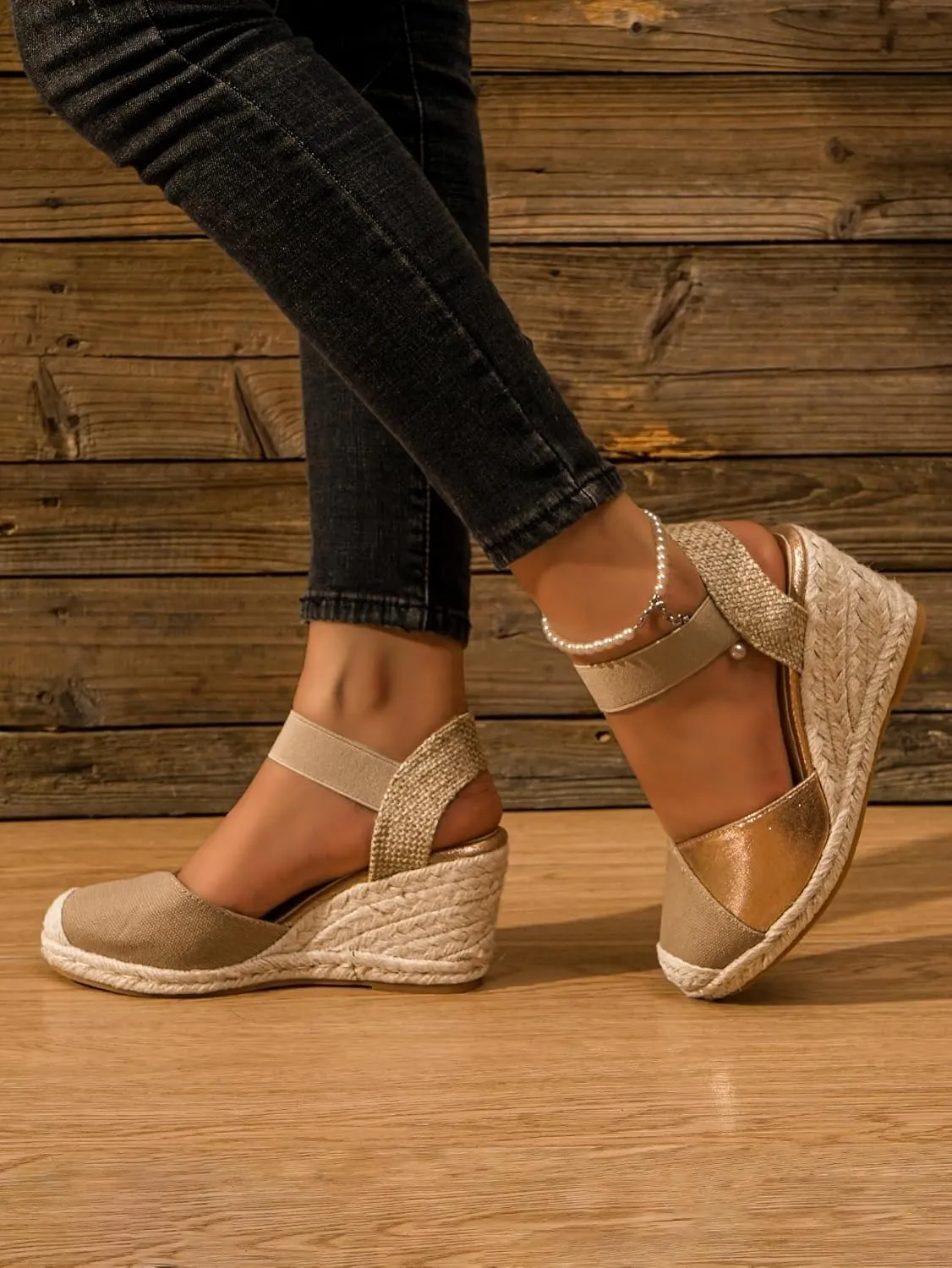 Women's Espadrille Wedge Sandals, Closed Toe Elastic Strap Slingback Shoes, Casual Summer Slip On Sandals TDL6A