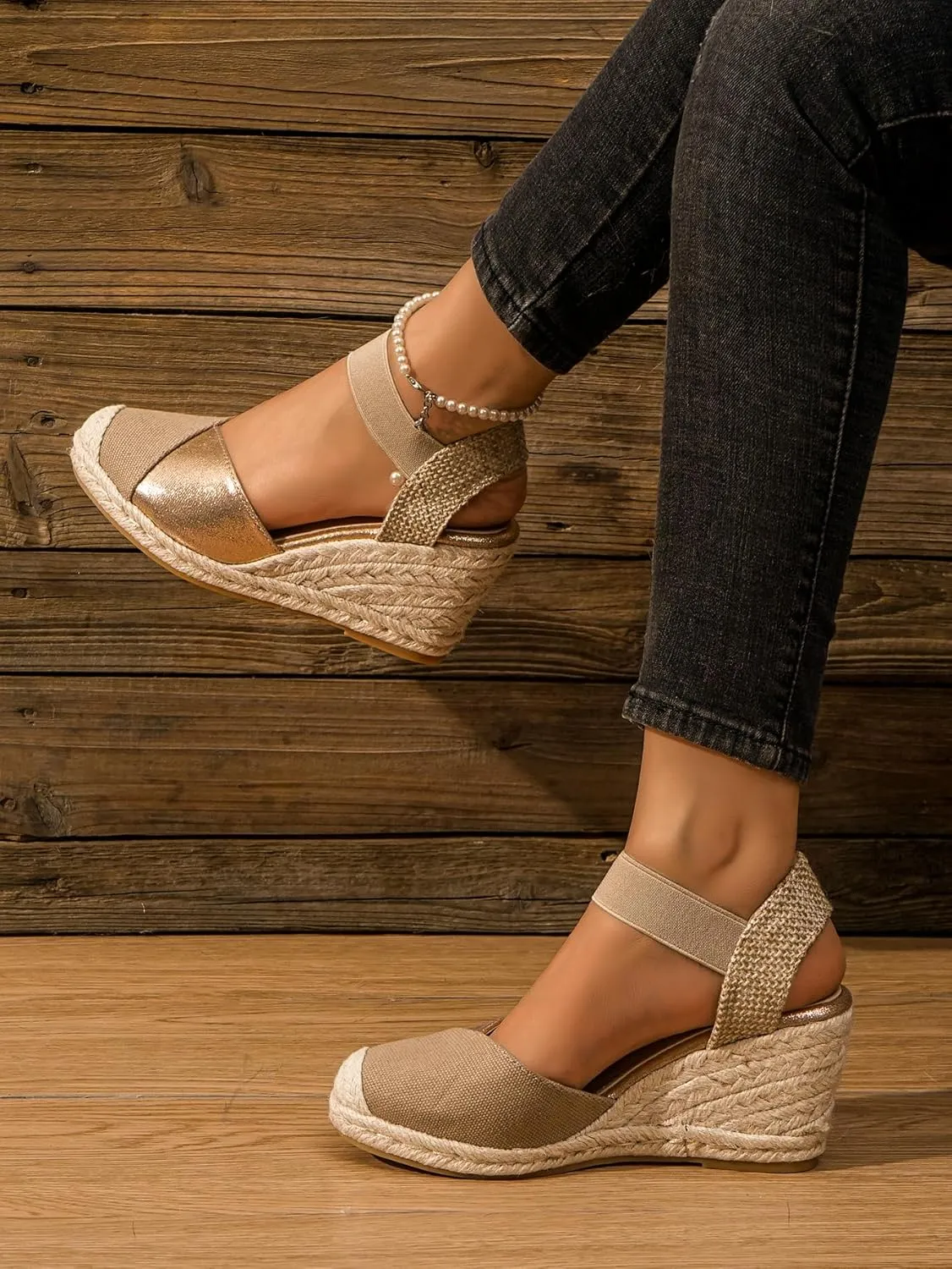 Women's Espadrille Wedge Sandals, Closed Toe Elastic Strap Slingback Shoes, Casual Summer Slip On Sandals TDL6A