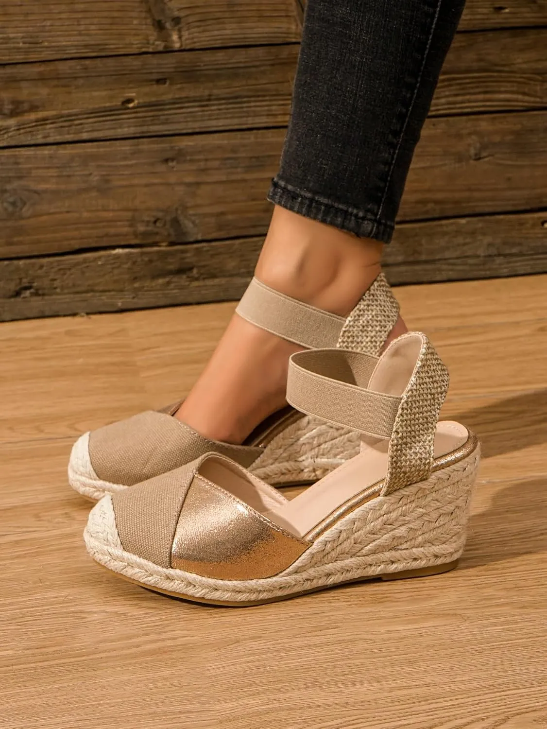 Women's Espadrille Wedge Sandals, Closed Toe Elastic Strap Slingback Shoes, Casual Summer Slip On Sandals TDL6A