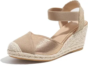 Women's Espadrille Wedge Sandals, Closed Toe Elastic Strap Slingback Shoes, Casual Summer Slip On Sandals TDL6A