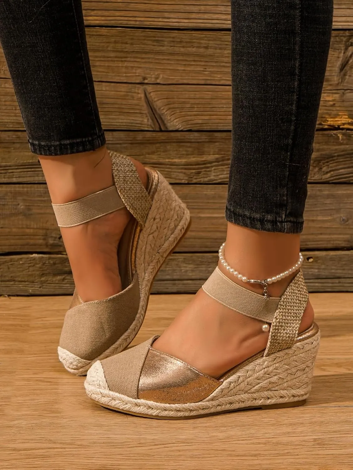Women's Espadrille Wedge Sandals, Closed Toe Elastic Strap Slingback Shoes, Casual Summer Slip On Sandals TDL6A