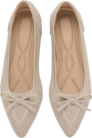 Women's Flats Pointed Toe Bow Knit Ballet Shoes Comfortable Dressy Mesh Slip On Flat