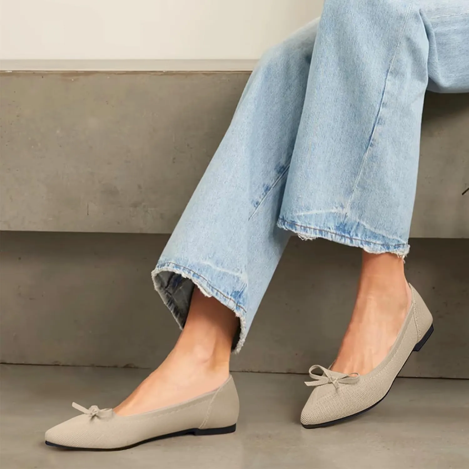 Women's Flats Pointed Toe Bow Knit Ballet Shoes Comfortable Dressy Mesh Slip On Flat