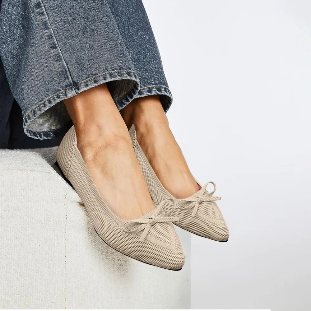 Women's Flats Pointed Toe Bow Knit Ballet Shoes Comfortable Dressy Mesh Slip On Flat