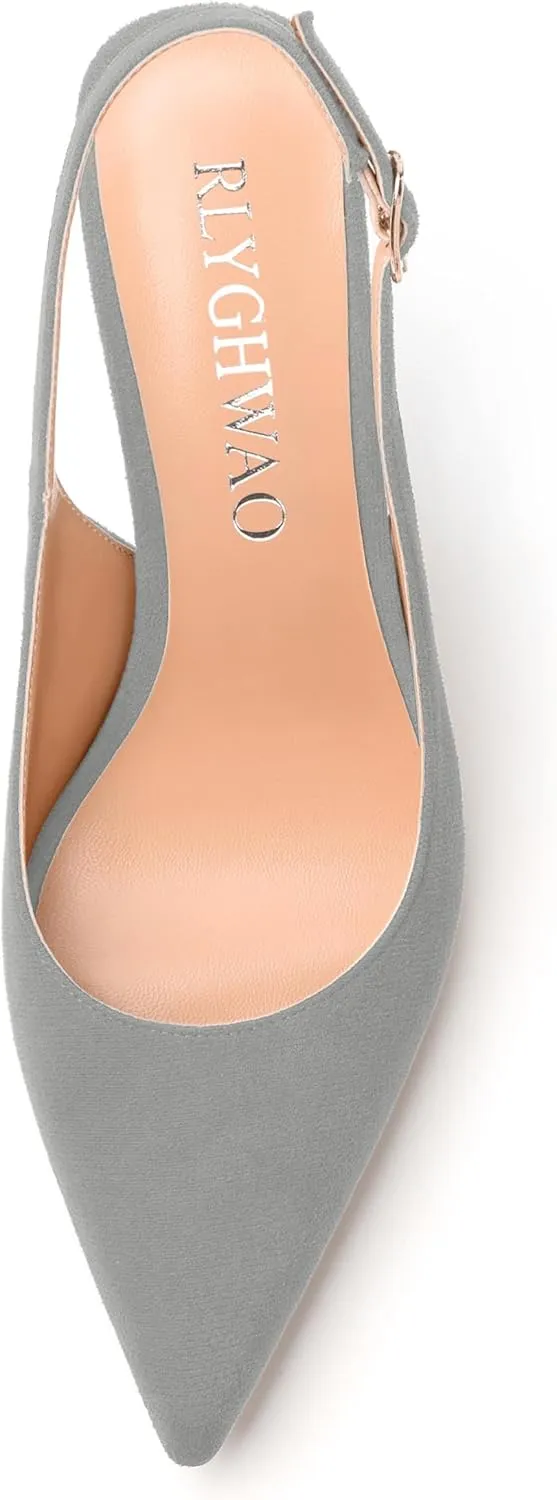 Womens High Heels Fashion Pointed Toe Buckle Slingback Pumps Solid Suede Shoes for Women