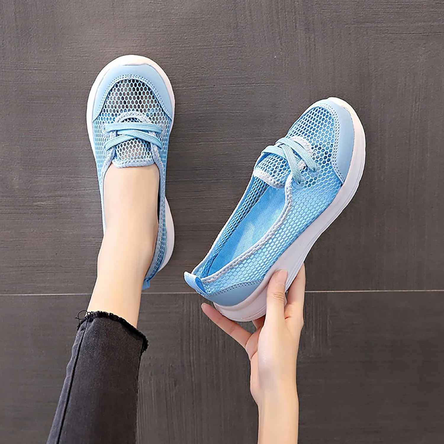 Women's Hollow Mesh Lace Up Flats Sneakers,Summer Fashion Breathable Low Top Backless Round Toe Comfortable Slip-on Soft Sole Casual Walking Shoe Loafer