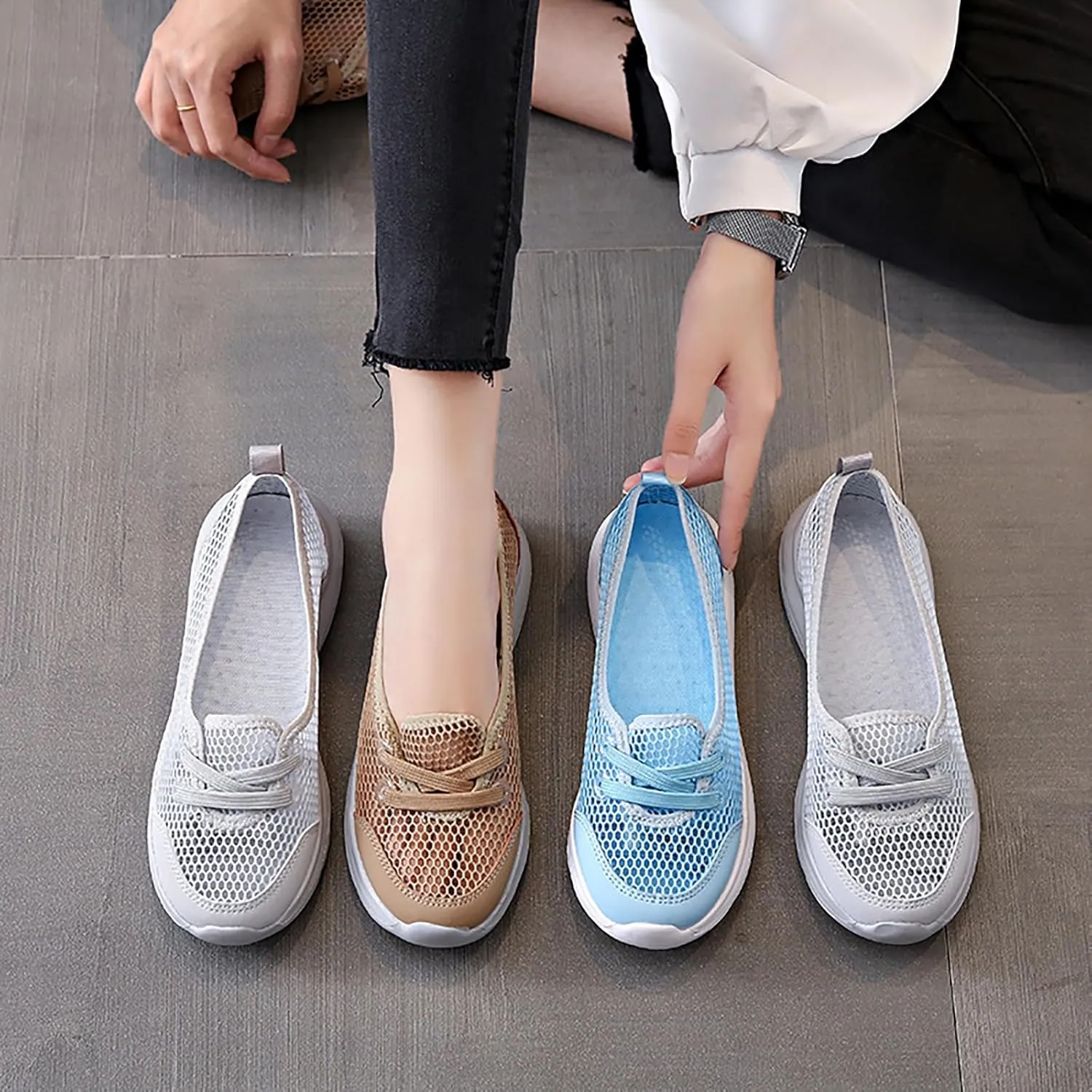 Women's Hollow Mesh Lace Up Flats Sneakers,Summer Fashion Breathable Low Top Backless Round Toe Comfortable Slip-on Soft Sole Casual Walking Shoe Loafer