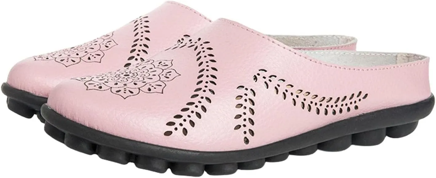 Womens Hollow Out Breathable Mule Sandals Casual Comfortable Closed Toe Sandals Flats Softsole Lightweight Leather Loafer Slippers