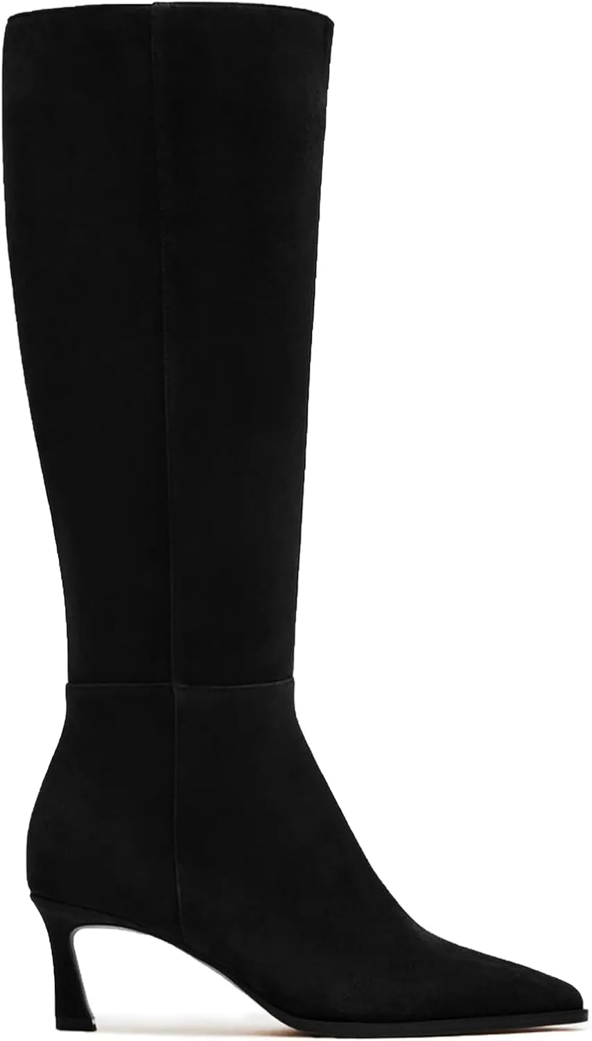 Womens Knee High Boots Kitten Heel Pointed Toe Faux Leather Long Boots Stiletto Side Zipper Comfortable Tall Boot