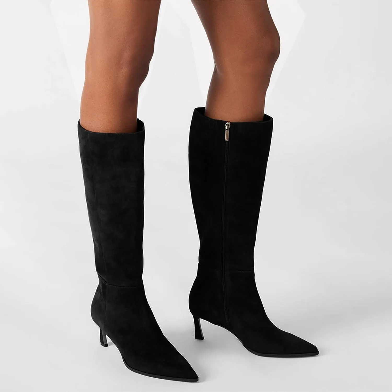 Womens Knee High Boots Kitten Heel Pointed Toe Faux Leather Long Boots Stiletto Side Zipper Comfortable Tall Boot