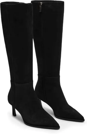 Womens Knee High Boots Kitten Heel Pointed Toe Faux Leather Long Boots Stiletto Side Zipper Comfortable Tall Boot