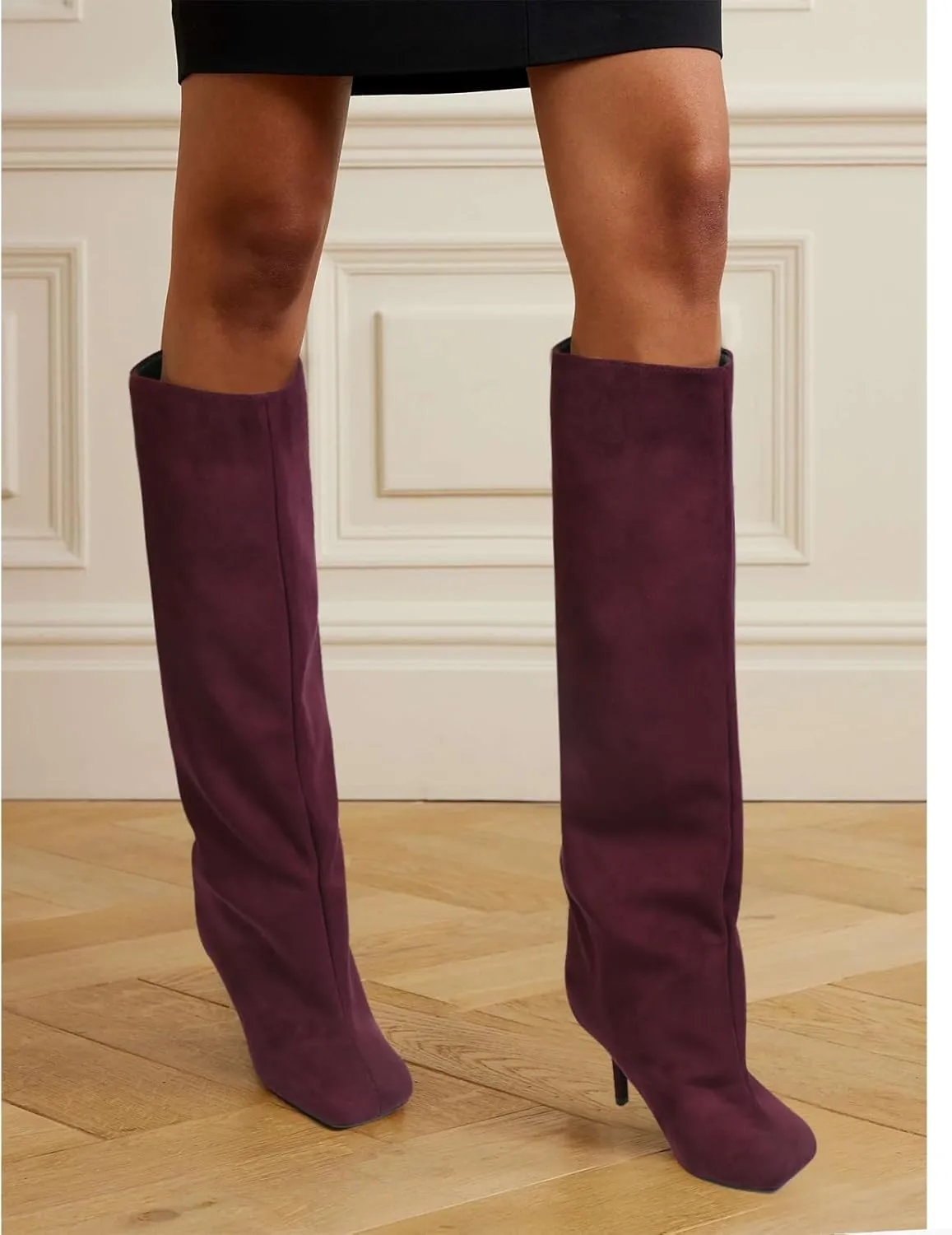 Women's Knee High Suede Boots for Women Wide Calf Square Toe Stiletto Heels Tall Boots Pull On High Heel Long Booties