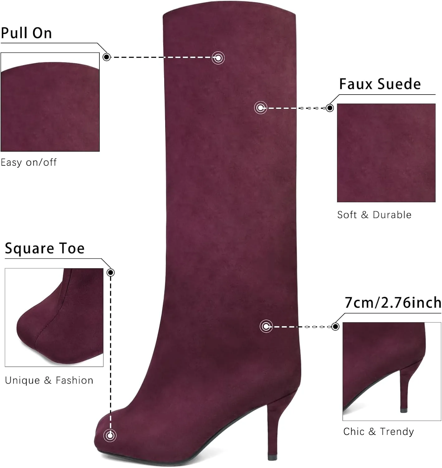 Women's Knee High Suede Boots for Women Wide Calf Square Toe Stiletto Heels Tall Boots Pull On High Heel Long Booties