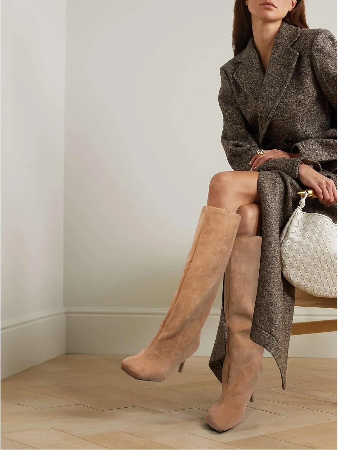 Women's Knee High Suede Boots for Women Wide Calf Square Toe Stiletto Heels Tall Boots Pull On High Heel Long Booties