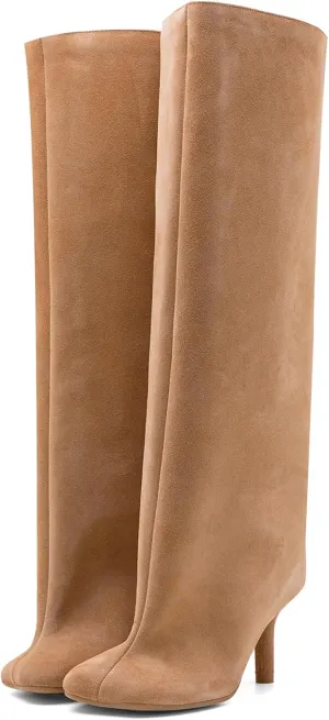 Women's Knee High Suede Boots for Women Wide Calf Square Toe Stiletto Heels Tall Boots Pull On High Heel Long Booties