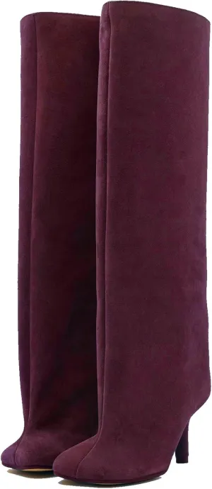 Women's Knee High Suede Boots for Women Wide Calf Square Toe Stiletto Heels Tall Boots Pull On High Heel Long Booties