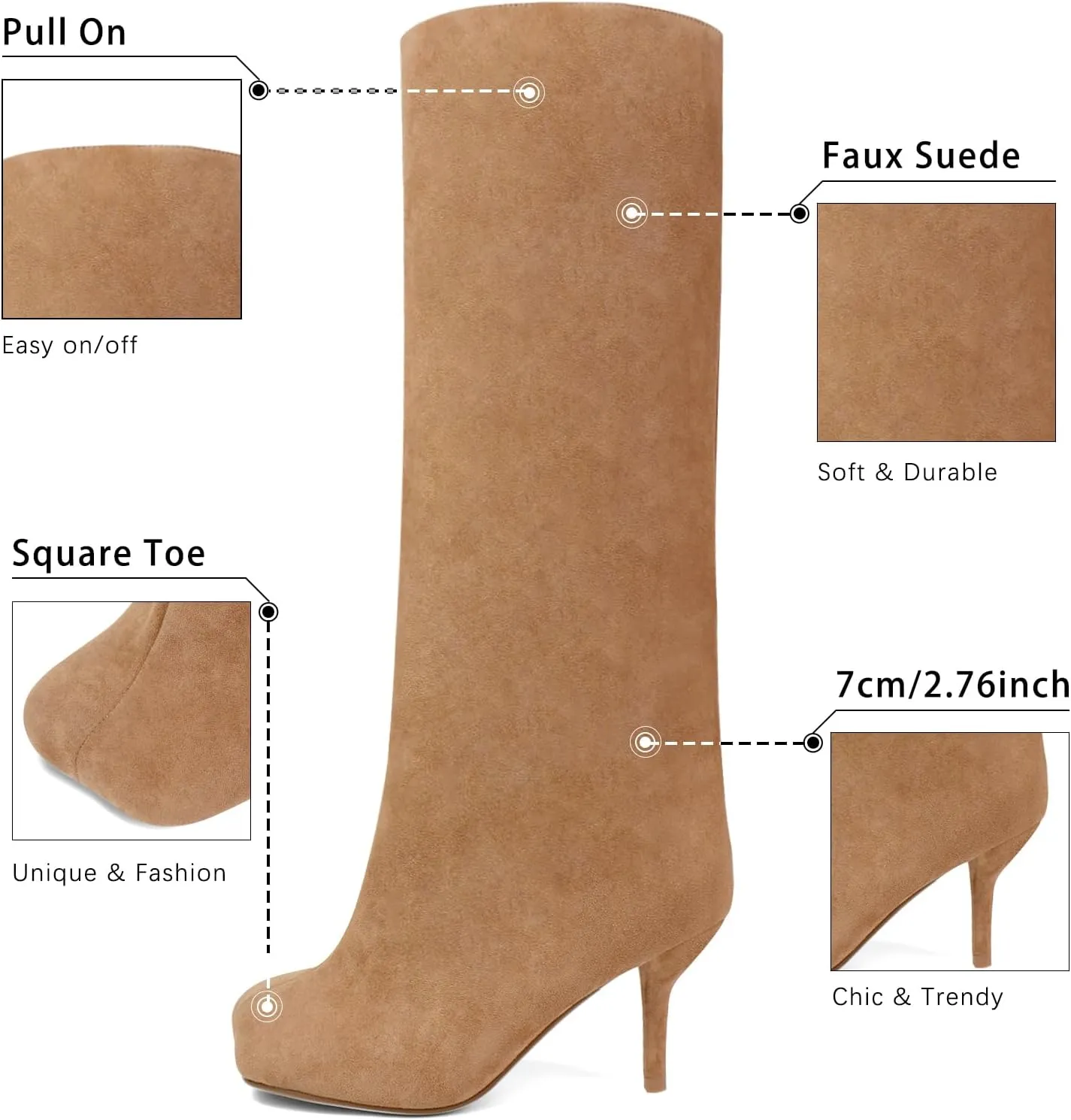 Women's Knee High Suede Boots for Women Wide Calf Square Toe Stiletto Heels Tall Boots Pull On High Heel Long Booties