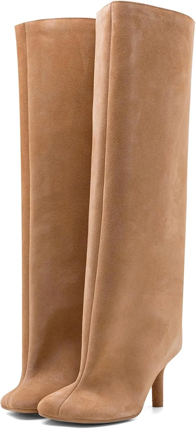 Women's Knee High Suede Boots for Women Wide Calf Square Toe Stiletto Heels Tall Boots Pull On High Heel Long Booties