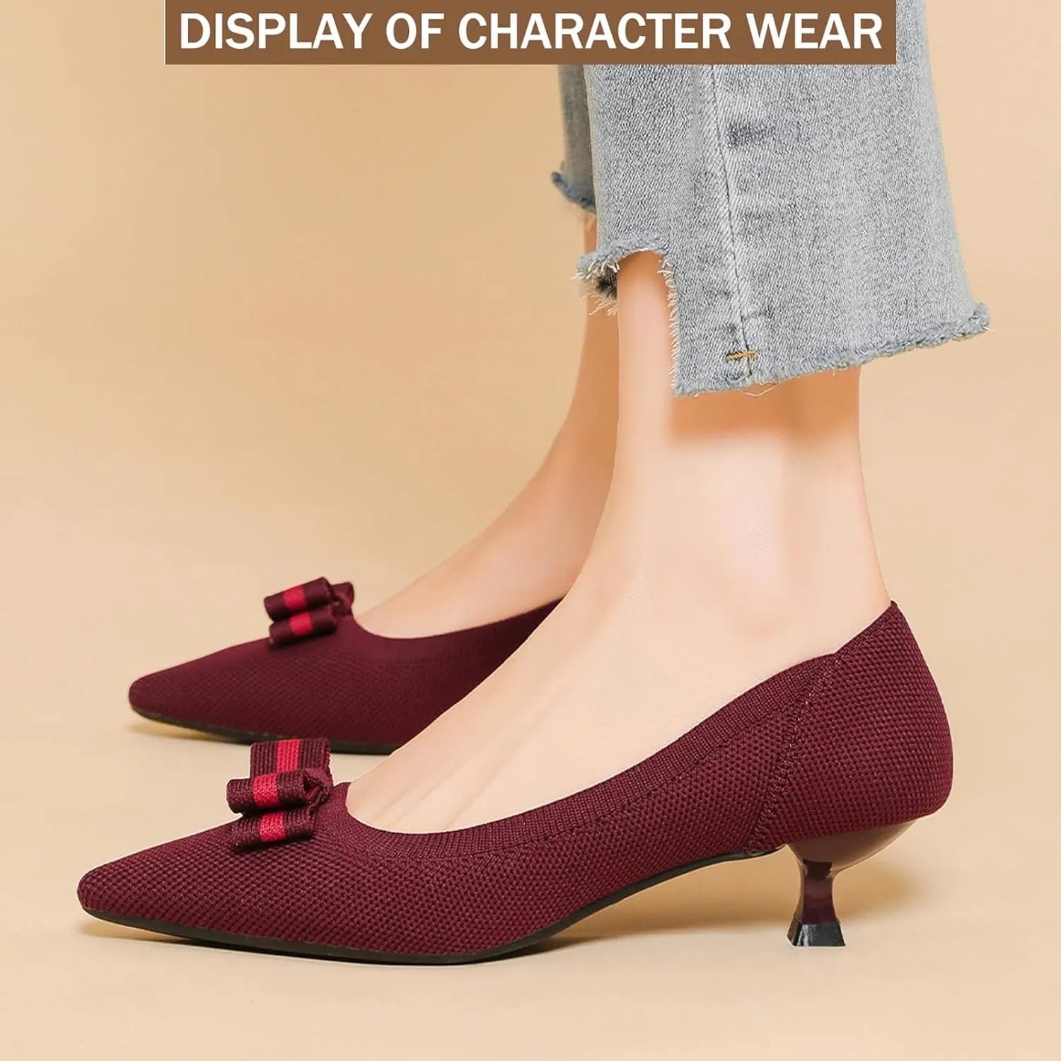 Women's Knit Kitten Heel Pumps Fashion Bow Decoration Closed Pointed Toe Slip On Low Heel Dress Shoe Summer Comfort Breathable Mesh Formal Pumps for Everyday Parties Evening Dates