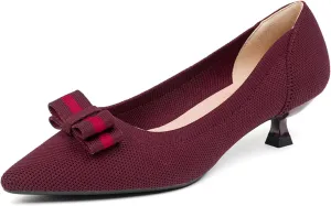 Women's Knit Kitten Heel Pumps Fashion Bow Decoration Closed Pointed Toe Slip On Low Heel Dress Shoe Summer Comfort Breathable Mesh Formal Pumps for Everyday Parties Evening Dates