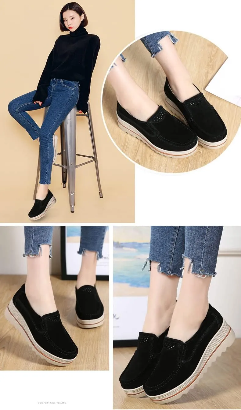 Women's Leather Platform Loafers Shoes, Faux Suede Moccasins Good Arch Slip On Loafer Non-Slip Thick Sole Comfort Wide Low Top Shoe