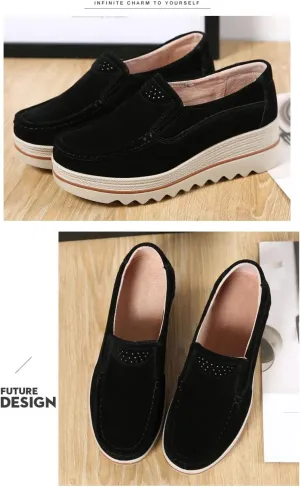 Women's Leather Platform Loafers Shoes, Faux Suede Moccasins Good Arch Slip On Loafer Non-Slip Thick Sole Comfort Wide Low Top Shoe