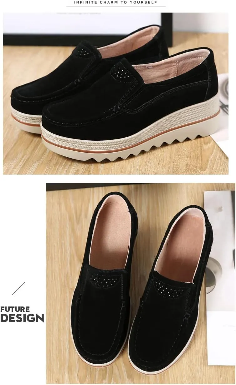Women's Leather Platform Loafers Shoes, Faux Suede Moccasins Good Arch Slip On Loafer Non-Slip Thick Sole Comfort Wide Low Top Shoe