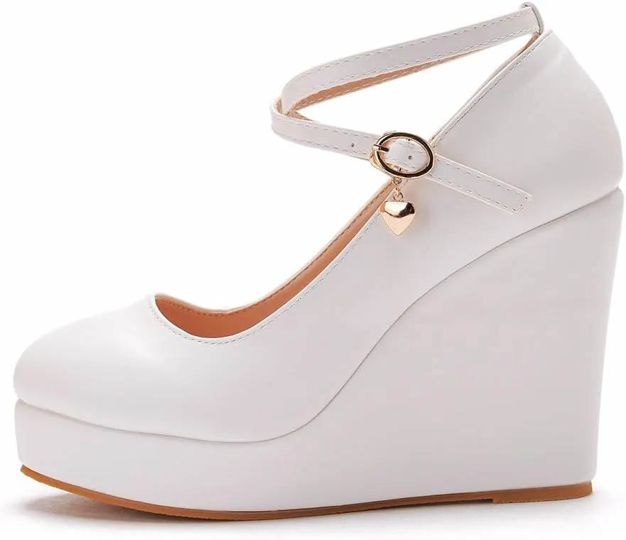 Women's Mary Jane Wedge Solid Buckle Evening Dress Round Toe Platform Lolita Shoes Cross Shoes 4 Inch Heel Height Pumps