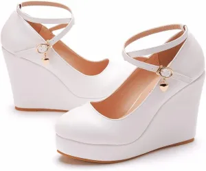 Women's Mary Jane Wedge Solid Buckle Evening Dress Round Toe Platform Lolita Shoes Cross Shoes 4 Inch Heel Height Pumps